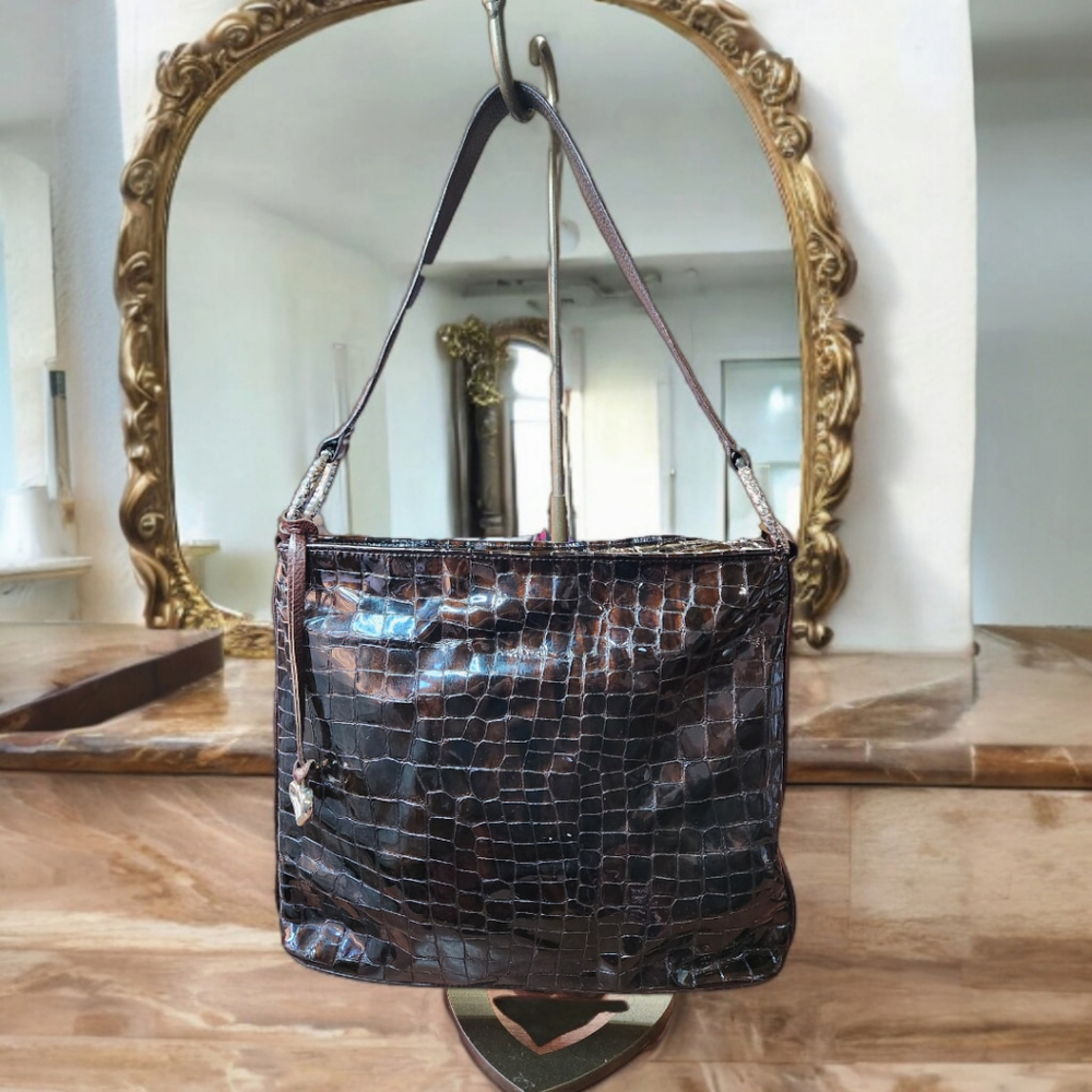 **Brighton Cher Espresso Croco Patient Leather Shoulder Bag Excellent Condition